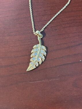 Gold Leaf Pendant Necklace with Clear Crystal Accents - Women Jewelry